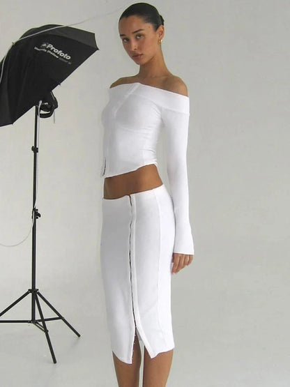 Sexy Split Skirt Suit For Women One-Shoulder Single Breasted Long Sleeves Top Slim Fit Skirt Elegant Party Club Outfits