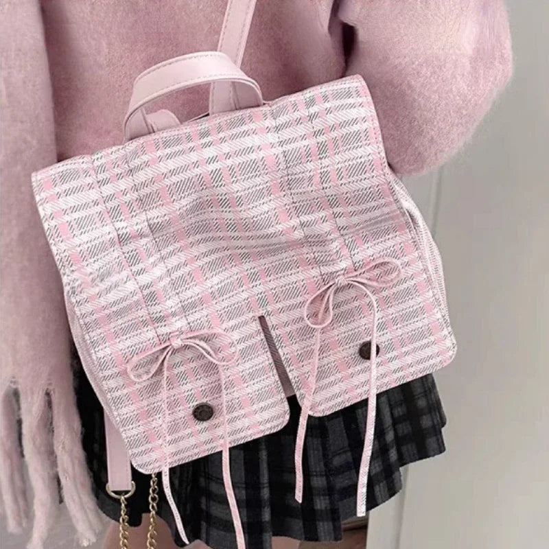 Sweet Y2k Aesthetic Girls Bow Plaid Backpacks Casual All Match Chic Preppy Backpack Women Students Streetwear Fashion Schoolbags