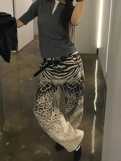 Design Sense Leopard Print Gradient Print Jeans for Children Retro Loose Straight Leg Floor Length Pants
