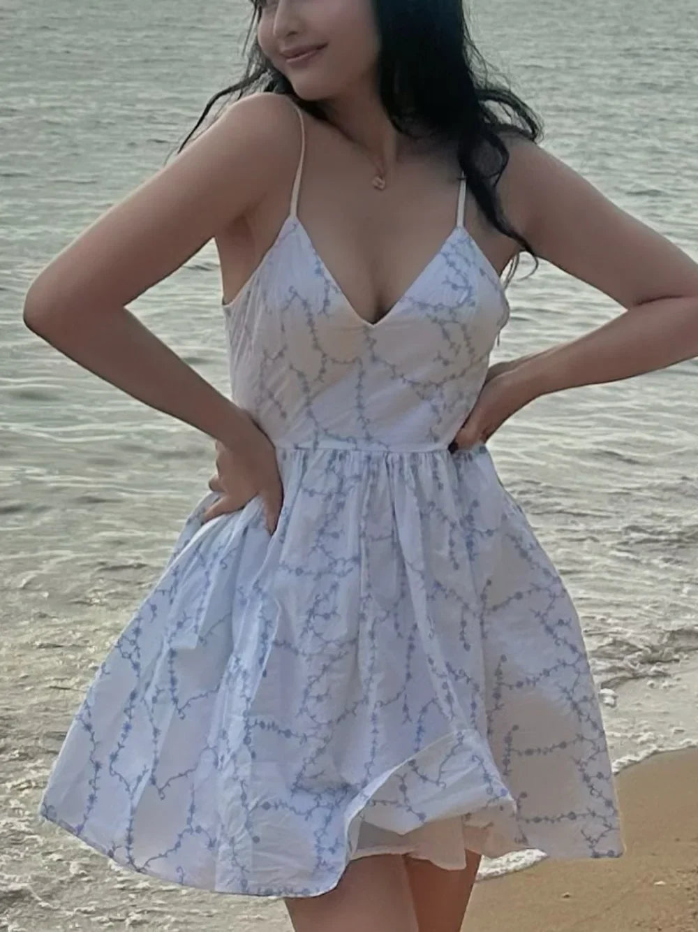 Summer Elegant Embroidery Sling Mini Dress For Women Holiday Sleeveless Backless V-Neck Pocket Side Zipper Causal Dresses