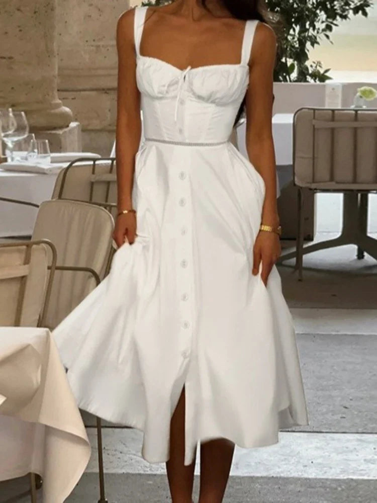 Women's Elegant White Lace-up Square Neck Spaghetti Strap Sleeveless Hollow Waist Slim A Line Long Vacation Summer Dress