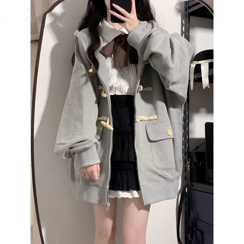 Women's Cardigan Hooded Sweatshirt Cute Loose Coat Zipper Spring Autum Long Sleeves Buttons Pockets Solid Color Tops Jacket