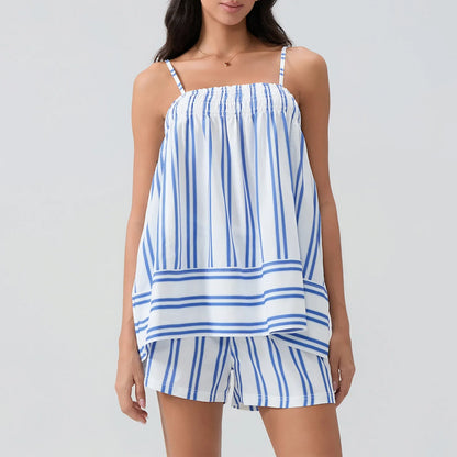 Women 2 Piece Lounge Set Sleeveless Striped Cami Peplum Top Boxer Shorts Loose Fit Ruffles Matching Pj Sets Outfits