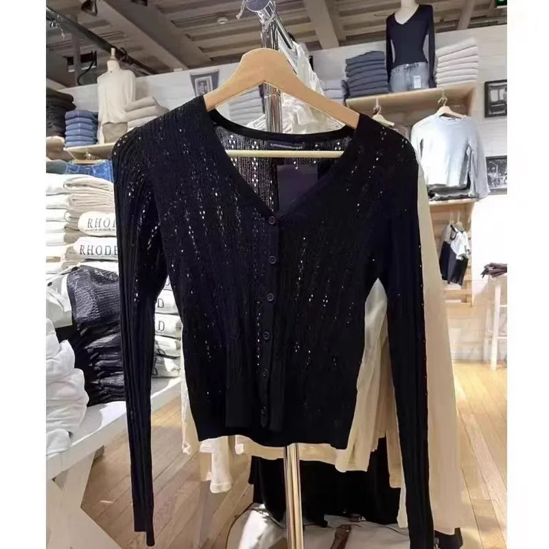 Hollow Out Solid Knitted Tops Women Spring Sexy V Neck Cotton Long Sleeve T-shirt Female Vintage Simple Cute Crop Top Chic