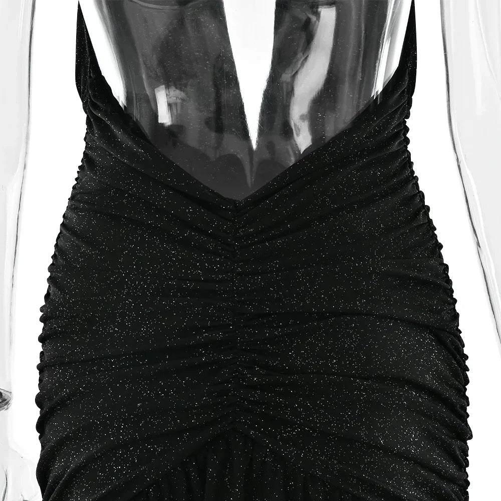 Glitter Halter Plunge V Neck Ruched Slit Maxi Dress