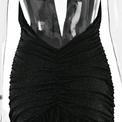 Glitter Halter Plunge V Neck Ruched Slit Maxi Dress