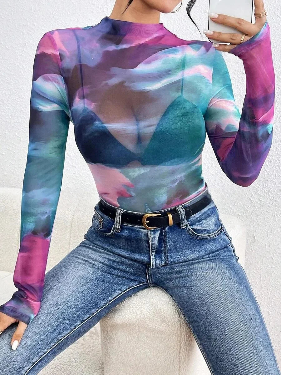 Gradient Patchwork Slim Fit Sheer Top