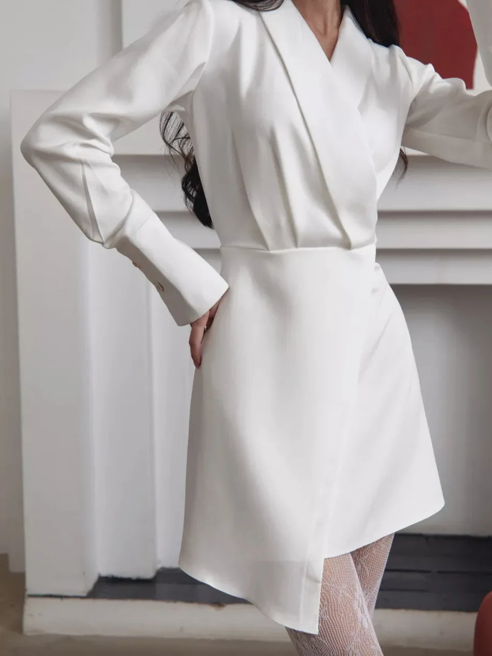 White Irregular Mini Dress Women Spring V Neck Long Sleeve A-line Suit Vestidos Simple Casual Fashion Short Dresses 2025 New