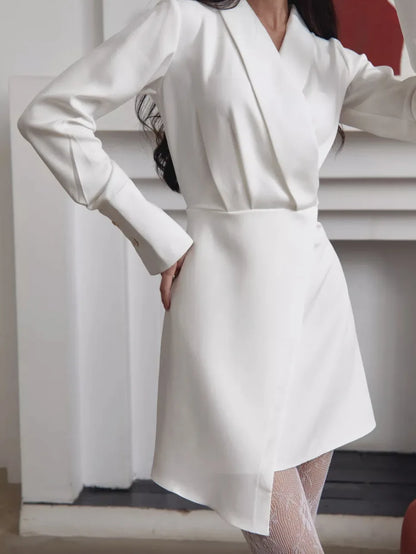 White Irregular Mini Dress Women Spring V Neck Long Sleeve A-line Suit Vestidos Simple Casual Fashion Short Dresses 2025 New