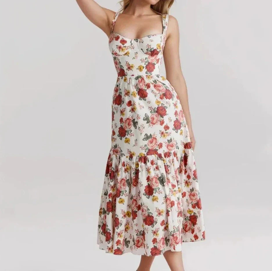 Sweetheart Neck Floral Print Bustier Tiered Ruffle Midi Dress