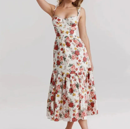 Sweetheart Neck Floral Print Bustier Tiered Ruffle Midi Dress