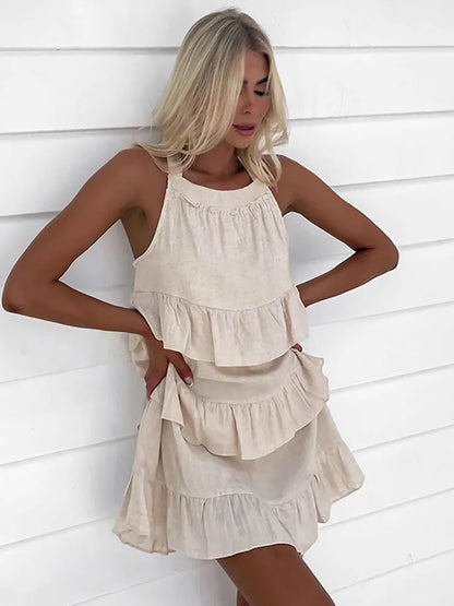 Ruffled Patchwork Casual Mini Dress Summer Women's Solid Color Party Dress Loose Sleeveless High Waist Party Mini Dress