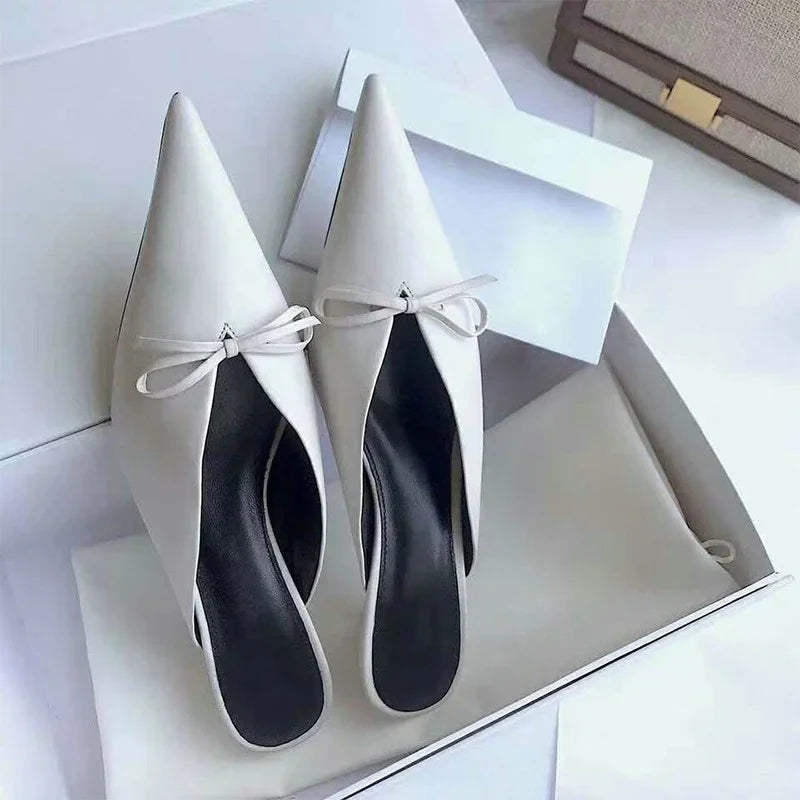 Super Hot Pointy Bow V-Top Skinny Heel Bun Towing Summer Muller Shoes Fashion Leather Low Heel Pumps