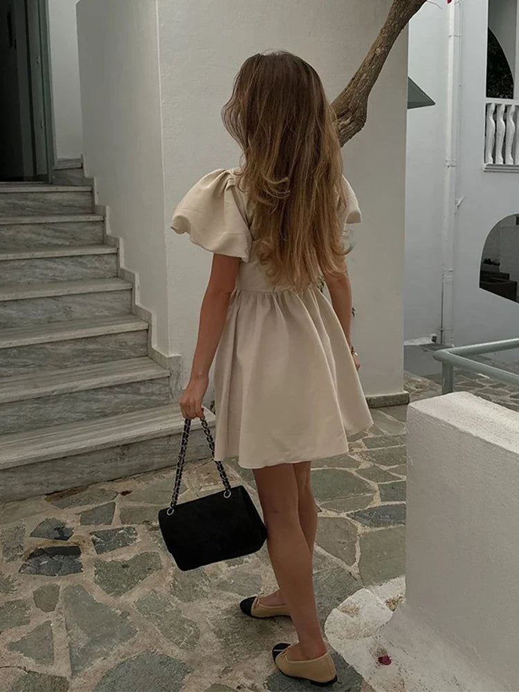 Sweet Solid Puff Short Sleeve Women Mini Dress Elegant V-neck Backless Pleated A-line Dresses 2024 Summer Lady Party Club Robes