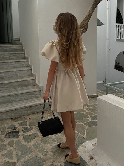 Sweet Solid Puff Short Sleeve Women Mini Dress Elegant V-neck Backless Pleated A-line Dresses 2024 Summer Lady Party Club Robes