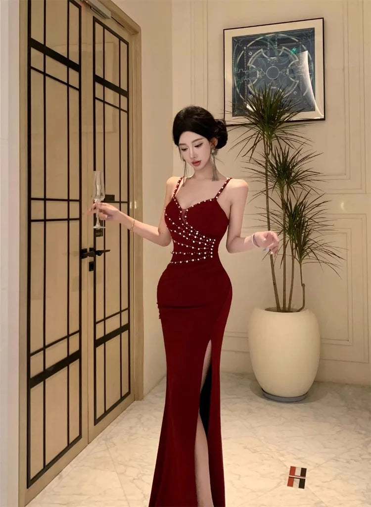 Dresses Women Sleeveless Sexy Split Slim Slash Neck Backless Rhinestone Elegant Temperament Party Dress Female Fashion