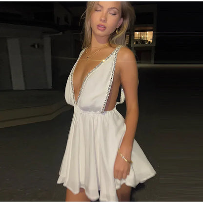 Sexy Diamonds Sling Short Dress Women Deep V-neck Sleeveless Backless Pleated A-line Dresses 2025 Summer Lady Beach Party Robe
