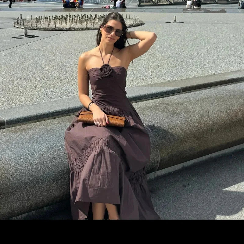 Elegant 3D Flower Halter Long Dress Women Pleated Backless Patchwork Sleeveless Off Shoulder Party Dresses New Holiday Robe