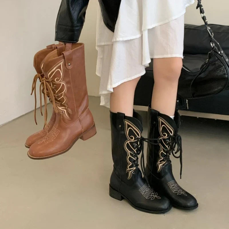 Retro Butterfly Embroidery Wedges Ankle Boots Women Fashion Rivet Sewing Lace Up Mid Calf Boots Luxury Cozy Brand Designer Boots