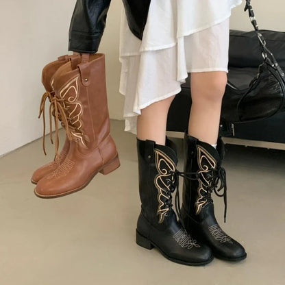 Retro Butterfly Embroidery Wedges Ankle Boots Women Fashion Rivet Sewing Lace Up Mid Calf Boots Luxury Cozy Brand Designer Boots