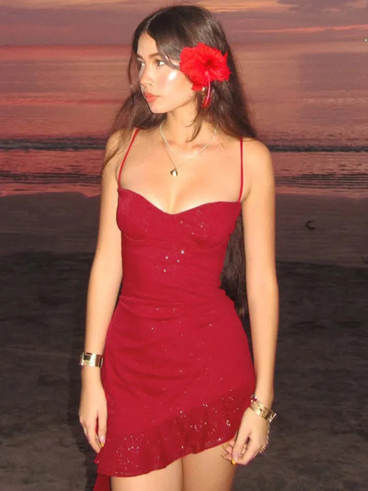 Spaghetti Strap Ruffled Sexy Mini Dress For Women Red Fashion Sleeveless Backless High Waist A-line Club Party Dress