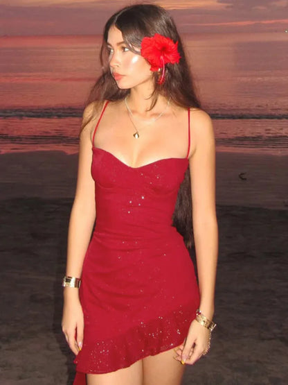 Spaghetti Strap Ruffled Sexy Mini Dress For Women Red Fashion Sleeveless Backless High Waist A-line Club Party Dress