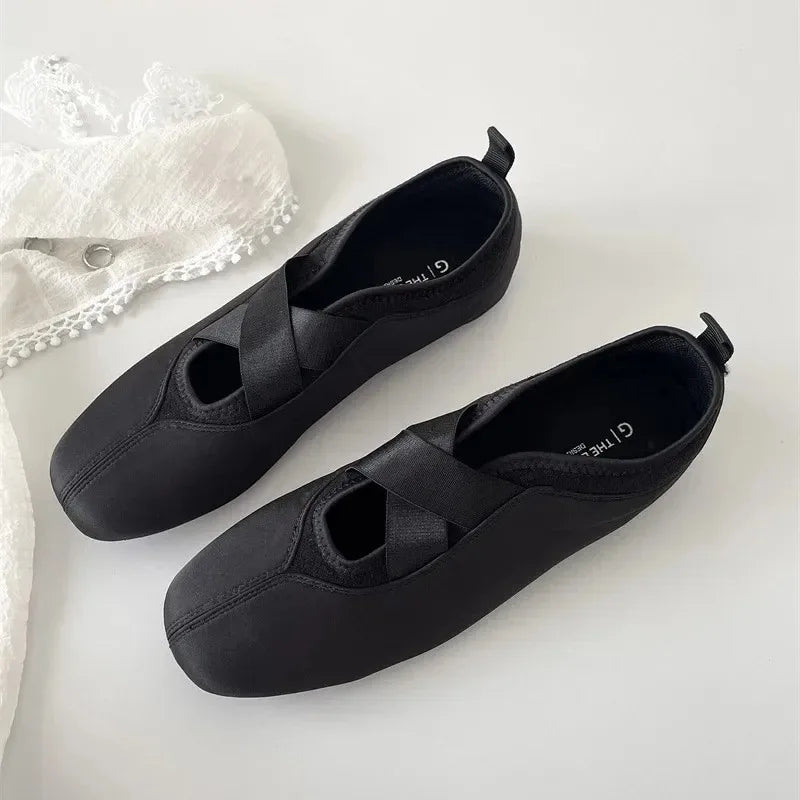 New Women's Ballet Slippers Pink Soft Sole Shallow Heel Round Head Fiberglass Fabric Retro Style Low Heel