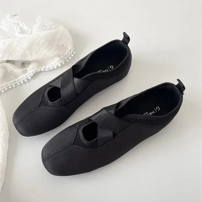New Women's Ballet Slippers Pink Soft Sole Shallow Heel Round Head Fiberglass Fabric Retro Style Low Heel