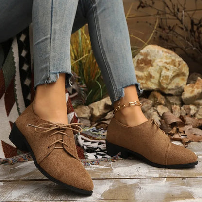 Lace up women's shoes autumn new large pointed 4cm high heels suede medium thick heel comfortable casual women's shoes