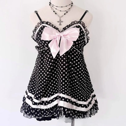 Off Shoulder Sweet Fresh Europe Sling Vest Panelled Bow Slim Waist Ruffles Tanks Unique Polka Dot All-match Elegant Y2K Camis