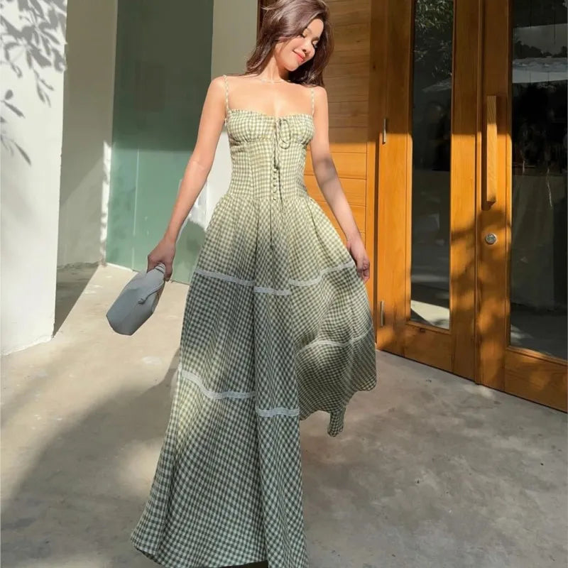 Holiday Style Summer Women's Dress Lace Splicing Sweet Lace Waist Back Green Plaid Dresses Elegant Fashion Long Dress