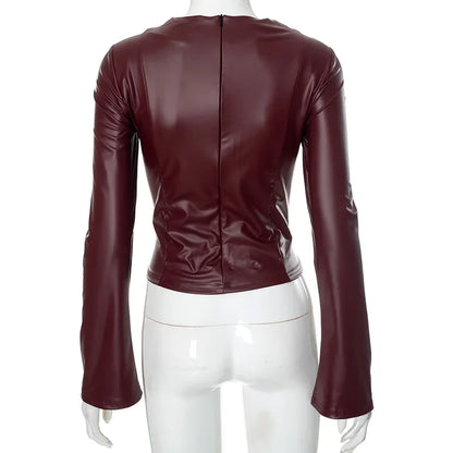 Solid Color Pu Leather Slim Fit Crop Top Autumn New Long Sleeve Crew Neck T Shirt Party Club Streetwear