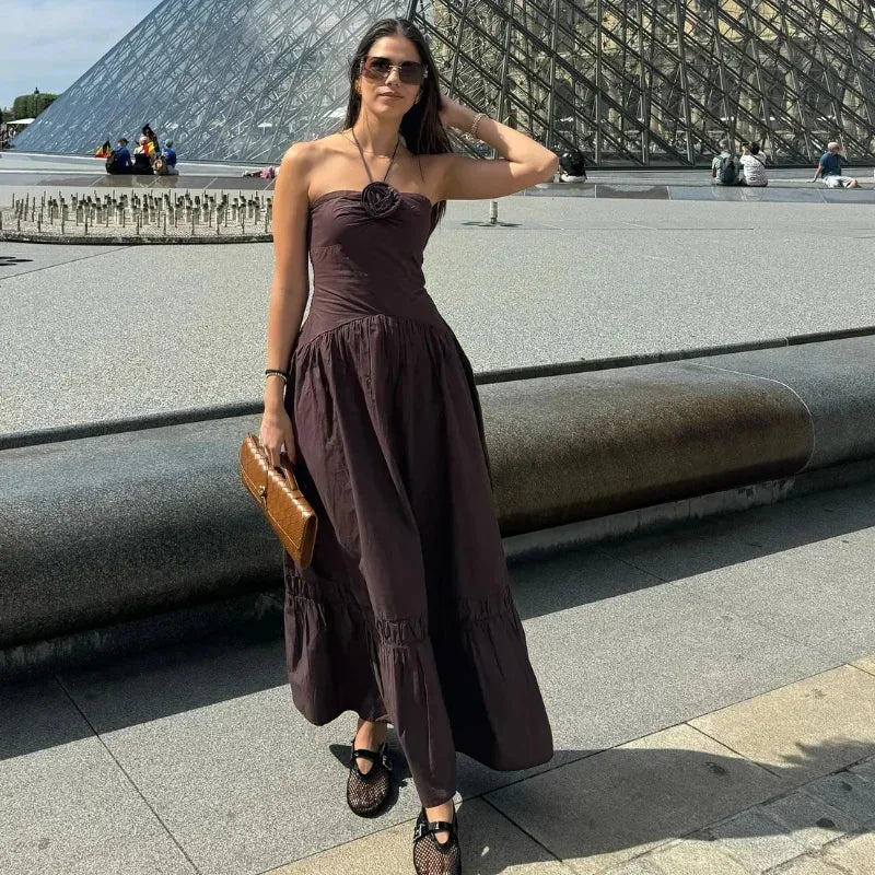Elegant 3D Flower Halter Long Dress Women Pleated Backless Patchwork Sleeveless Off Shoulder Party Dresses New Holiday Robe