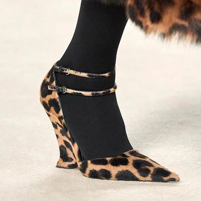 New Leopard Pattern Single Shoes Women's Bag Head Sandals Light Mouth Sexy Red High Heels Slope Heels Pointed Mary Jane Shoes