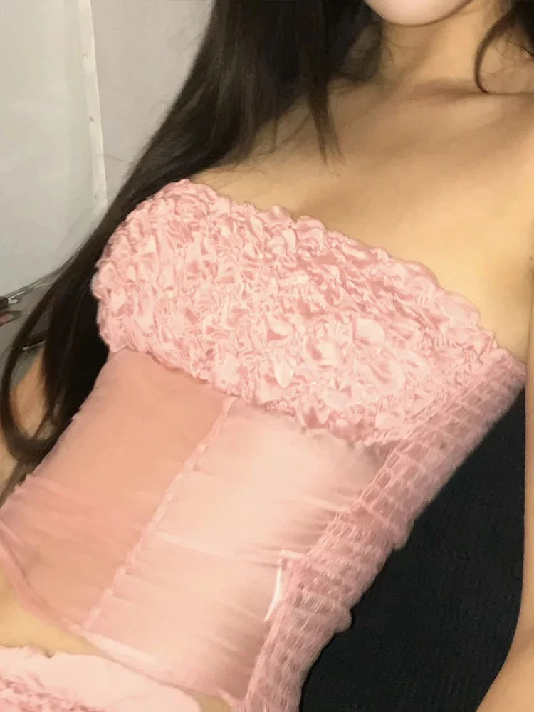 Puss Sweet Ruched 2 Piece Set Women Hottie See Through Sleeveless Patchwork Vest+Peach Hip Skirt Vacation Party Clubwear