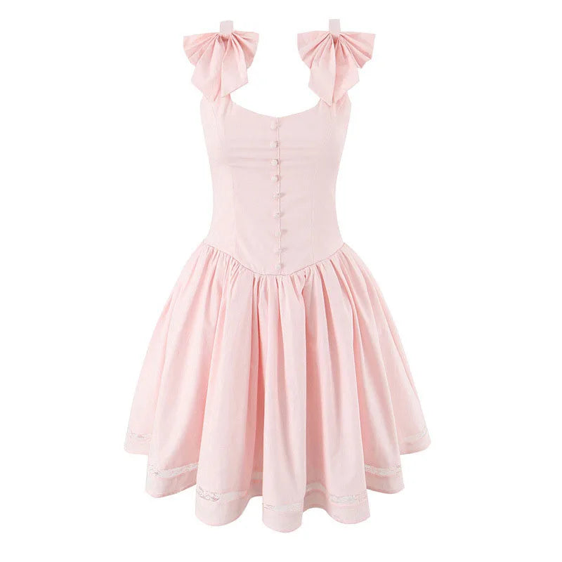 Pink Bow Women's Short Puffy A-line Dress Square Neck Sleeveless Party Dresses Female 2025 Summer Chic Lace Splicing Robe