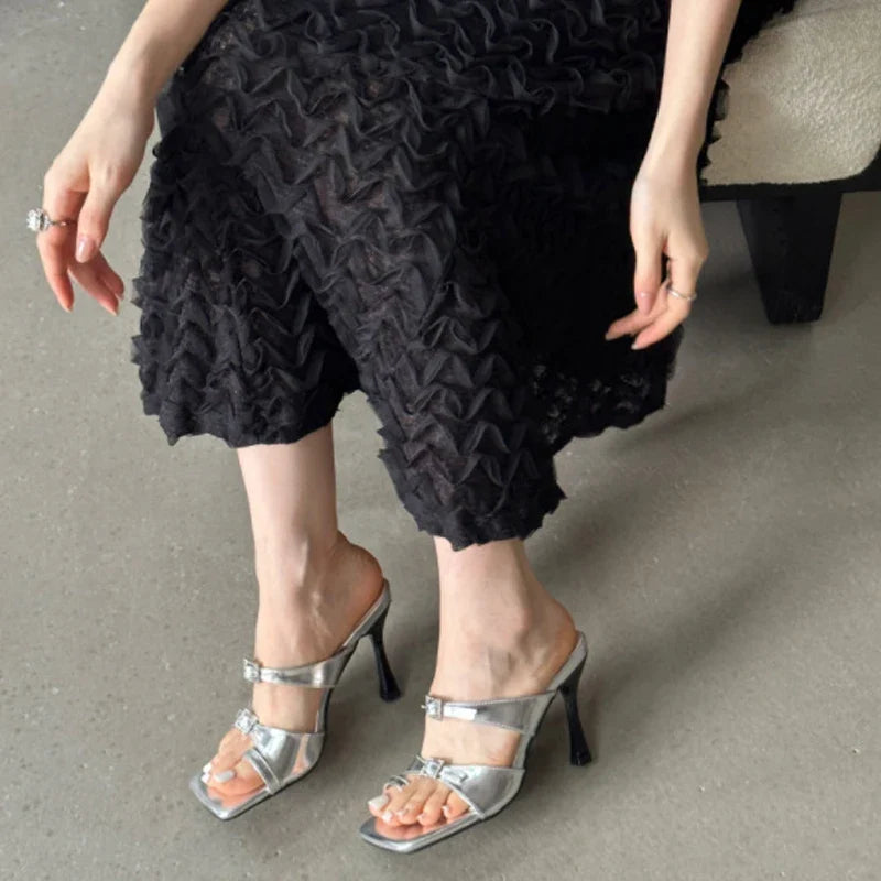 Fashion High Heels Modern Slippers Women Thin Heels Flip Flops Clip Toe Mules Slides Square Open Toe Party Dress Summer Shoes