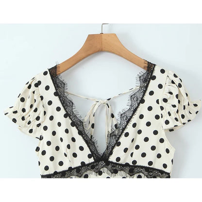 Elegant Girls Short Sleeve V Neck Lace Trim Polka Dot Summer Dress Sexy Backless A-line Midi Holiday Female Vestidos