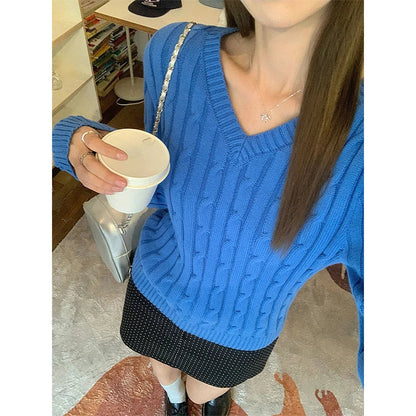 Autumn Winter New Blue Short Knitted Pullover Twists Sweater Korean Fashion Women's V Neck Long Sleeved Versatile Crochet Tops