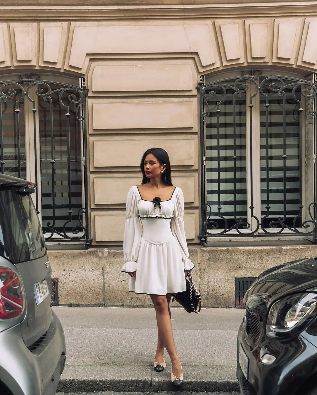 White Elegant A-line Mini Dress Women 2025 New Spring Square Collar Long Sleeve Vestidos High Waist Casual Fashion Short Dresses