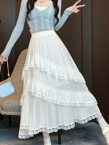 Women Skirts Irregular Lace Split Stretch High Waist Ruffles Spring Summer Sweet Fashion Casual Loose Long Skirt Female