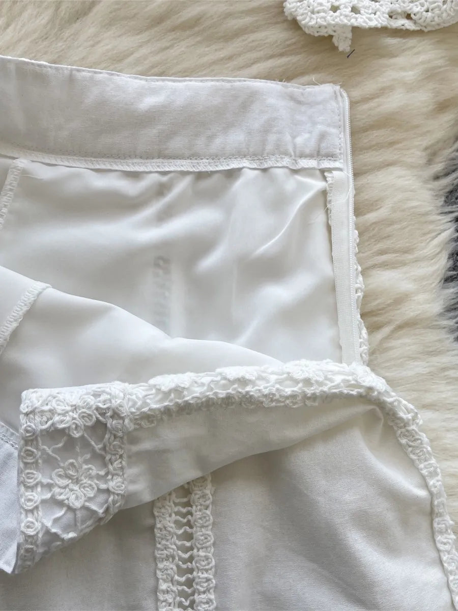 Crochet Patchwork Shorts Sets Women Single Breasted Lapel Collar Long Sleeve Blouse Summer Casual Fashion White Two-piece Set