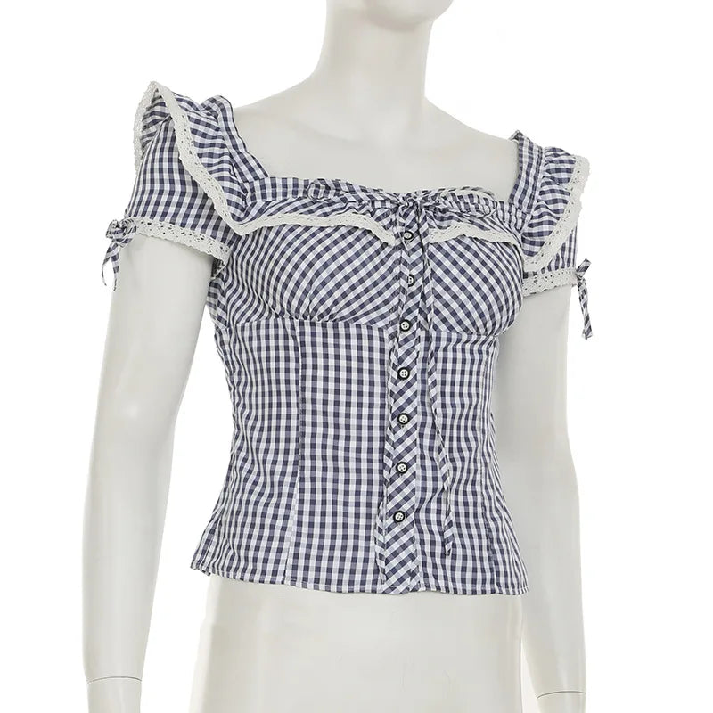 Sweet and spicy retro lace lace patchwork check shirt French daily basic cinched waist style school square neck top