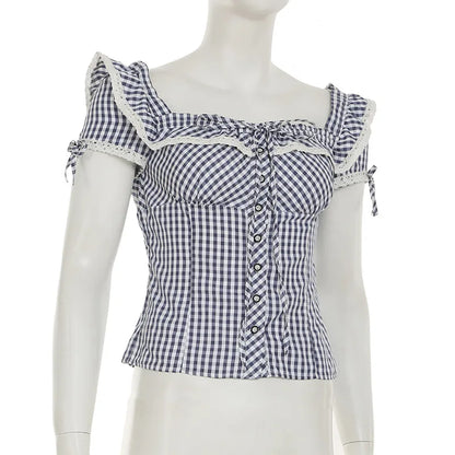 Sweet and spicy retro lace lace patchwork check shirt French daily basic cinched waist style school square neck top