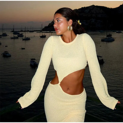 Crew Neck Cutout Twist Waist Side Slit Boucle Knit Maxi Dress
