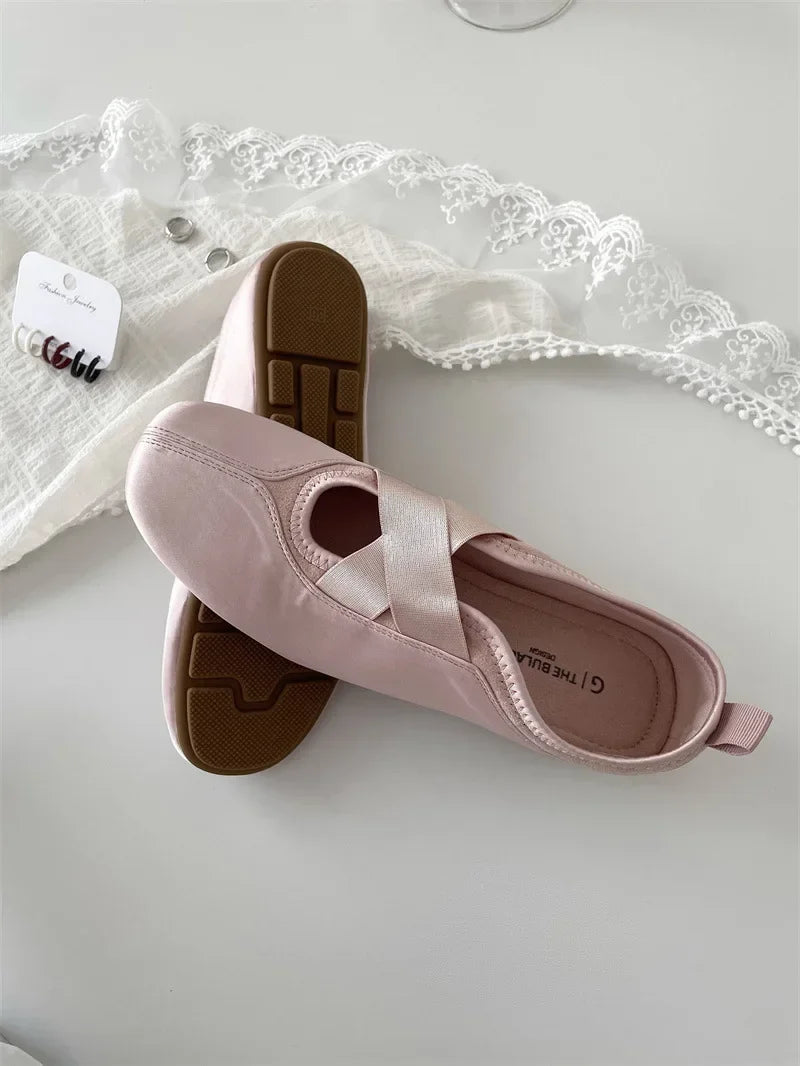 New Women's Ballet Slippers Pink Soft Sole Shallow Heel Round Head Fiberglass Fabric Retro Style Low Heel