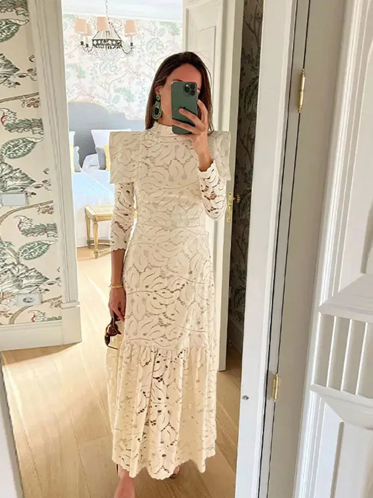 Lace Crochet Long Dress Hollow Out Small Cape Stand Collar Slim Fit Waist Cinched Cloak Beach Dresses Solid Color Elegant Robes