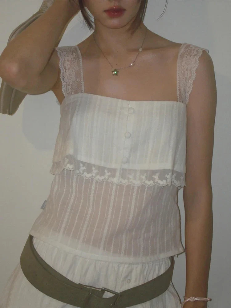 Solid White Lace Strap Cami Tops Women Chic Button Front Sheer Layered Sleeveless Short Sweet Vests Lady Trendy Daily Wear New
