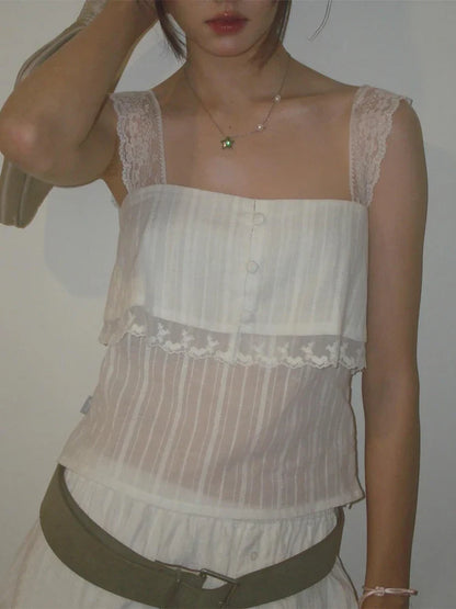 Solid White Lace Strap Cami Tops Women Chic Button Front Sheer Layered Sleeveless Short Sweet Vests Lady Trendy Daily Wear New