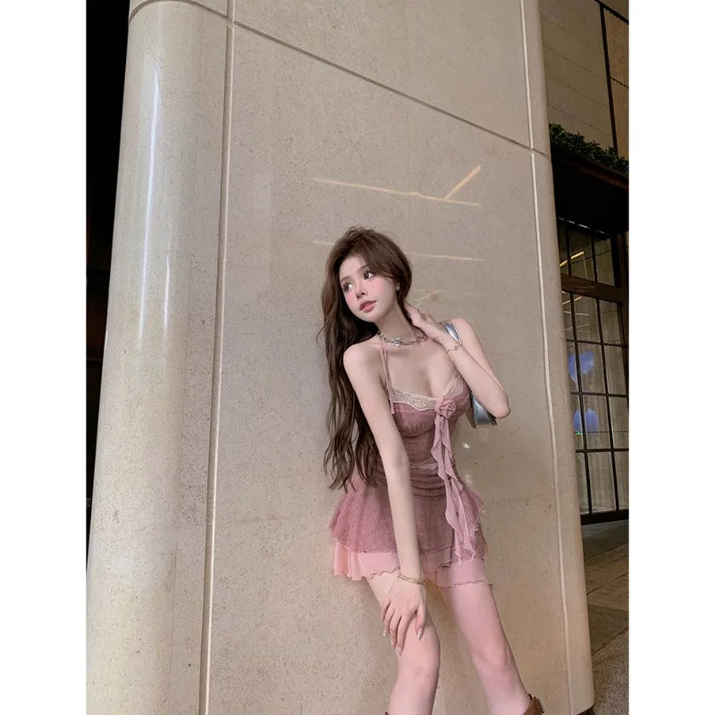 Sweet Hot Girl Knitted Suit Women's Summer Sexy Slim Fit Camisole Top High Waist Mini Skirt Two-piece Set Fashion Female Clothes